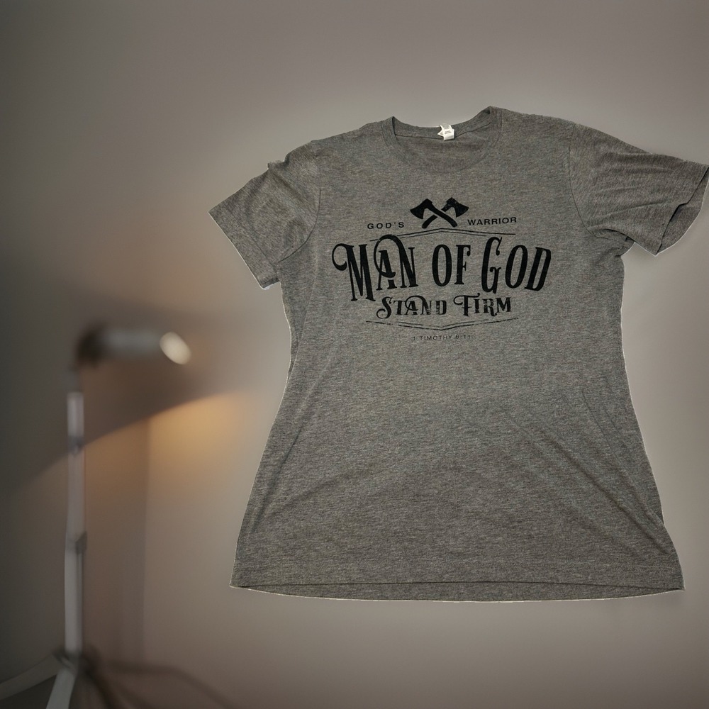 Worship Faith Gray God's Warrior Man of God Stand Firm Graphic T-Shirt Mens M
